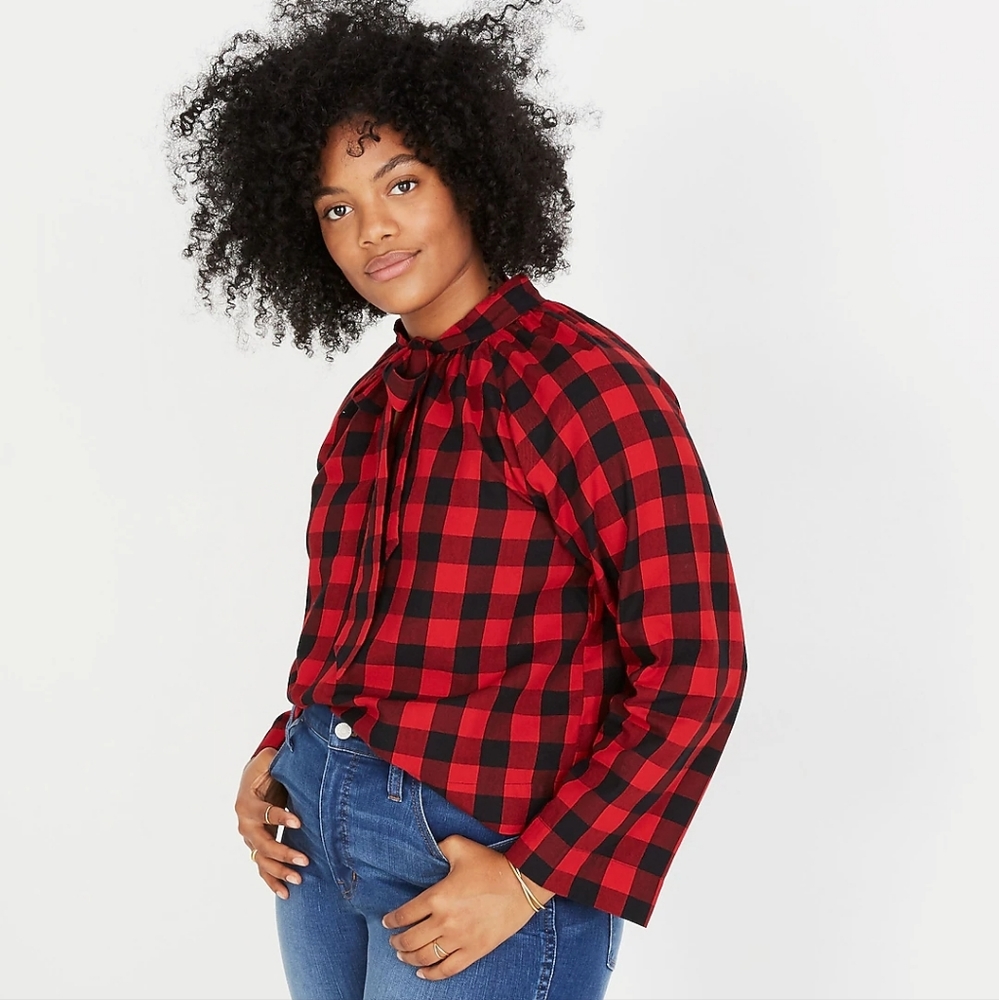 Madewell Cropped Flannel Popover Top Buffalo Plaid Holiday Red Black Tie Neck XS